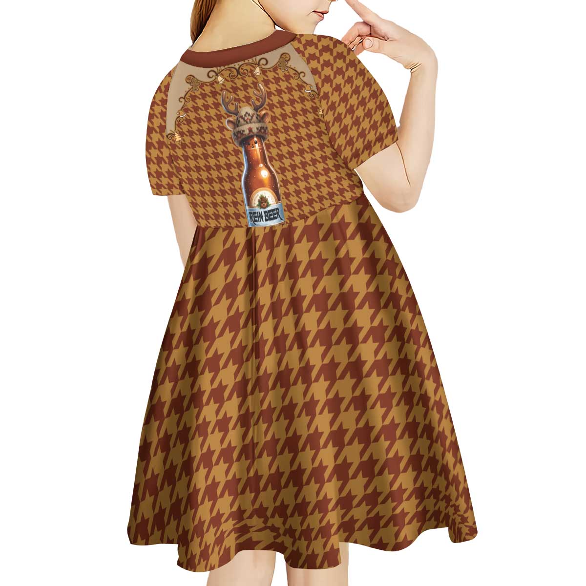Western Yoke Kid Short Sleeve Dress Rein Beer Christmas Houndstooth Patterns - Wonder Print Shop