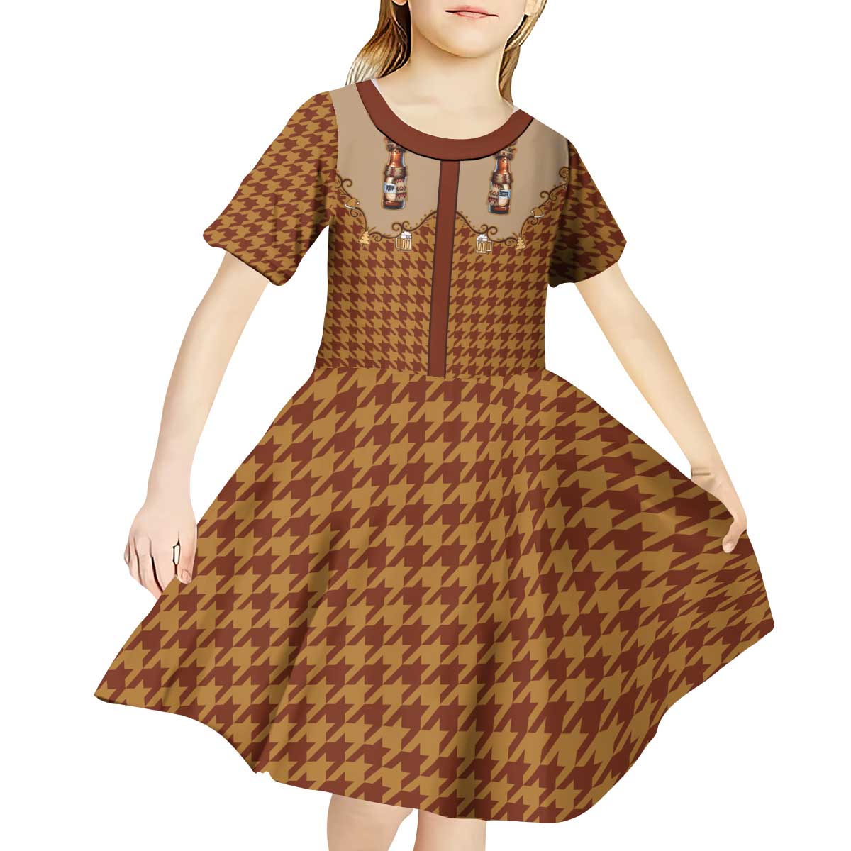 Western Yoke Kid Short Sleeve Dress Rein Beer Christmas Houndstooth Patterns - Wonder Print Shop