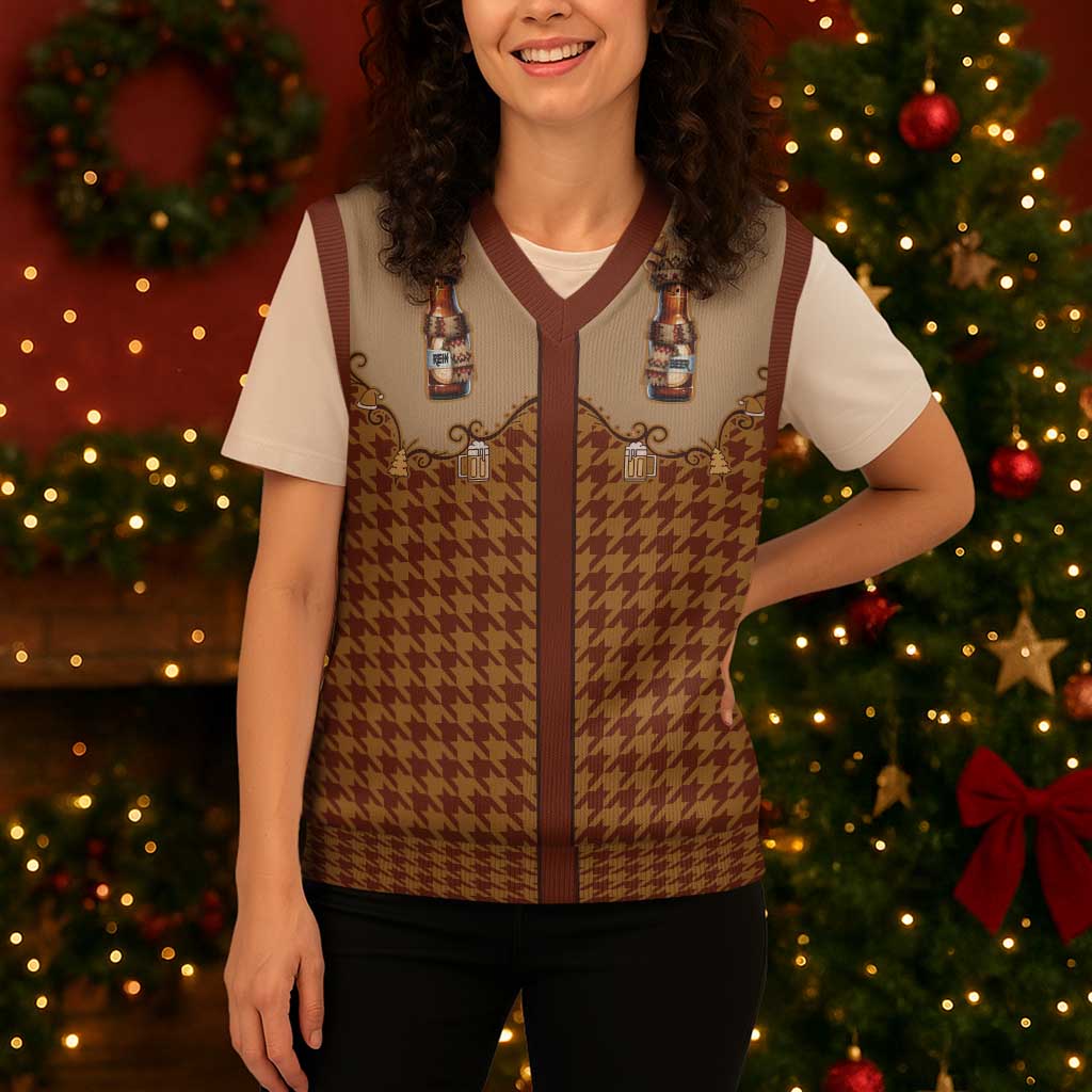 Western Yoke Christmas Knitted V-Neck Vest Rein Beer Christmas Houndstooth Patterns - Wonder Print Shop
