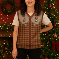 Western Yoke Christmas Knitted V-Neck Vest Rein Beer Christmas Houndstooth Patterns - Wonder Print Shop