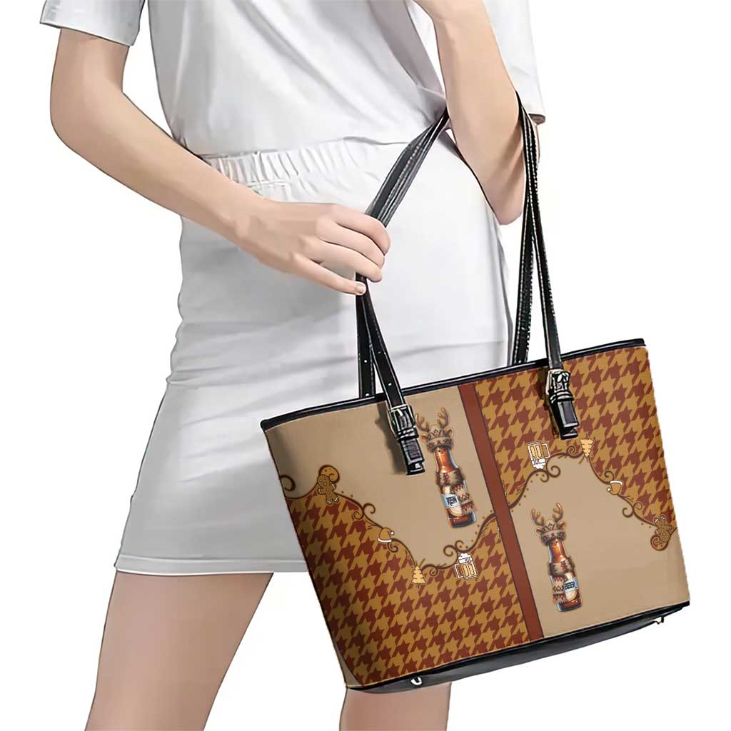 Western Yoke Leather Tote Bag Rein Beer Christmas Houndstooth Patterns - Wonder Print Shop
