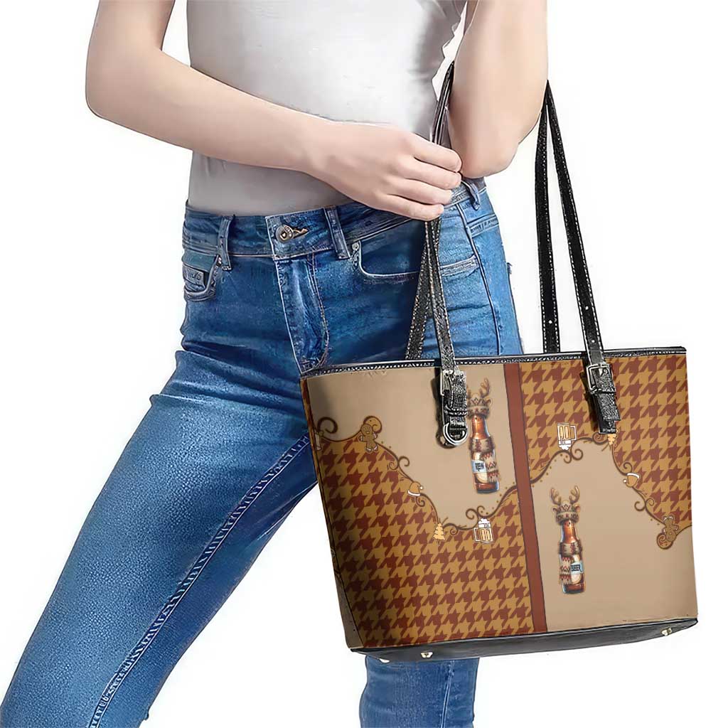 Western Yoke Leather Tote Bag Rein Beer Christmas Houndstooth Patterns - Wonder Print Shop