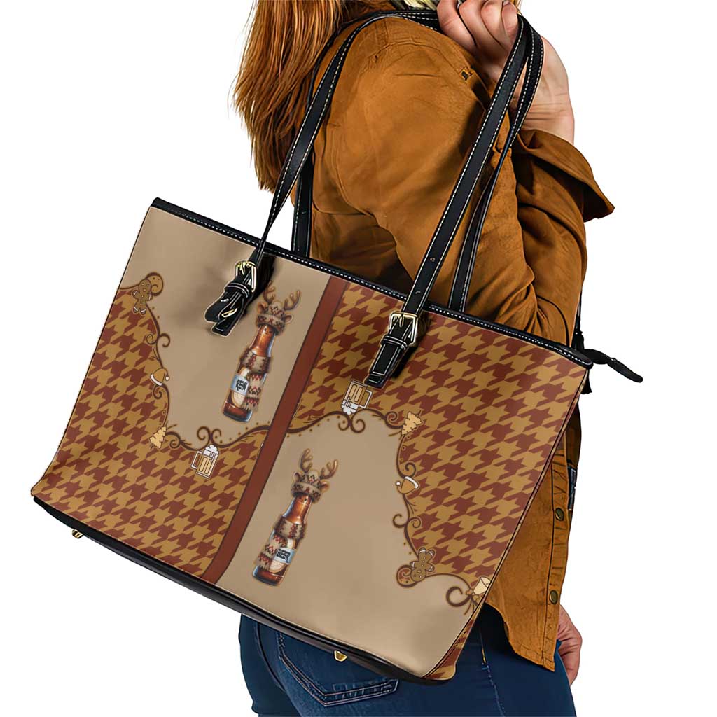 Western Yoke Leather Tote Bag Rein Beer Christmas Houndstooth Patterns - Wonder Print Shop