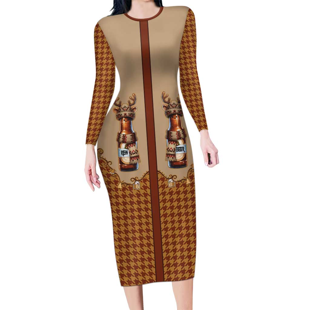 Western Yoke Long Sleeve Bodycon Dress Rein Beer Christmas Houndstooth Patterns - Wonder Print Shop