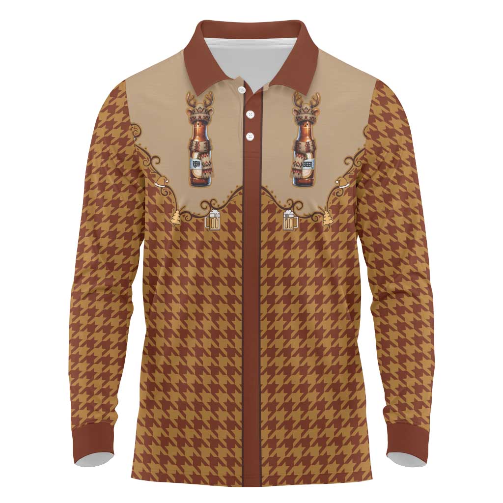 Western Yoke Long Sleeve Polo Shirt Rein Beer Christmas Houndstooth Patterns - Wonder Print Shop