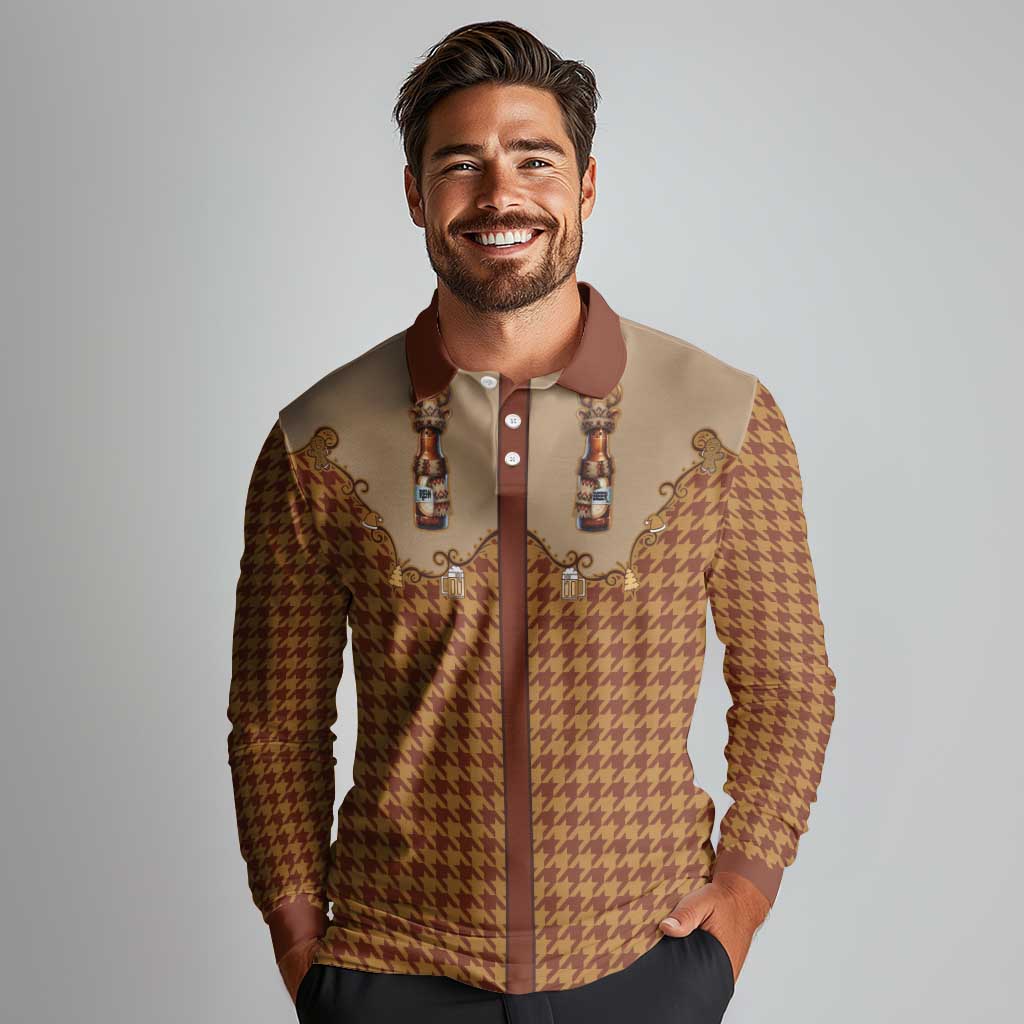 Western Yoke Long Sleeve Polo Shirt Rein Beer Christmas Houndstooth Patterns - Wonder Print Shop