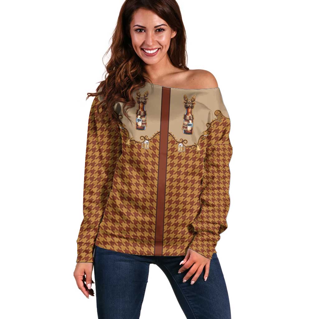 Western Yoke Off Shoulder Sweater Rein Beer Christmas Houndstooth Patterns - Wonder Print Shop