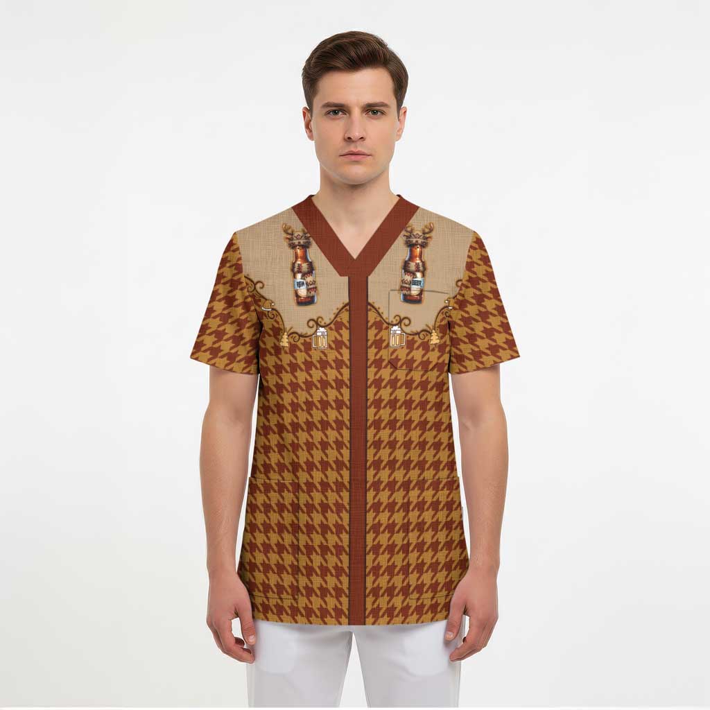 Western Yoke Scrub Top Rein Beer Christmas Houndstooth Patterns - Wonder Print Shop