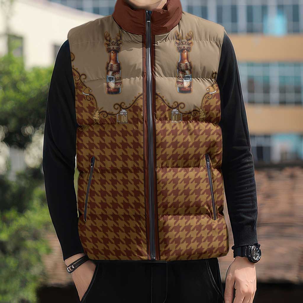 Western Yoke Sleeveless Puffer Jacket Rein Beer Christmas Houndstooth Patterns - Wonder Print Shop