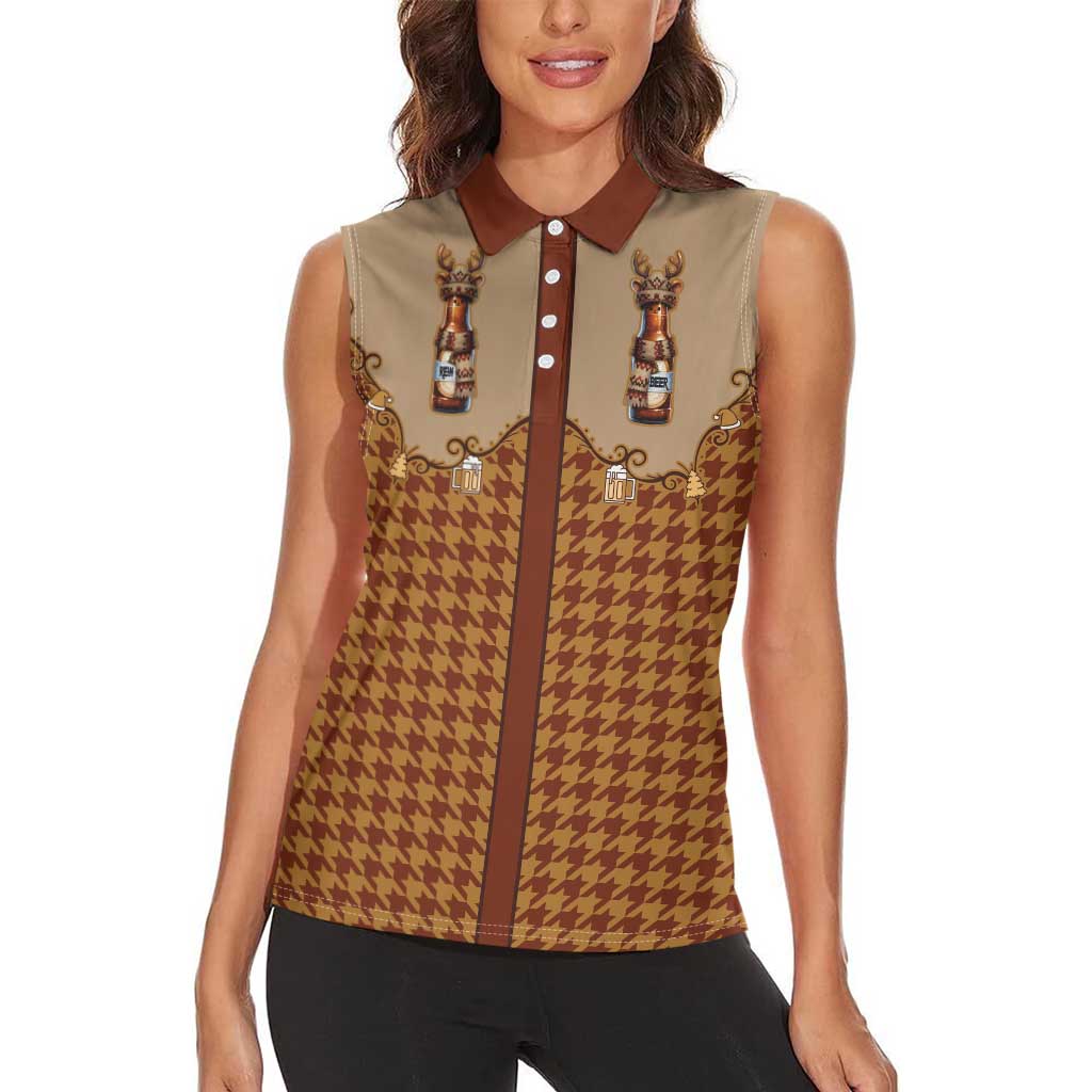 Western Yoke Women Sleeveless Polo Shirt Rein Beer Christmas Houndstooth Patterns - Wonder Print Shop
