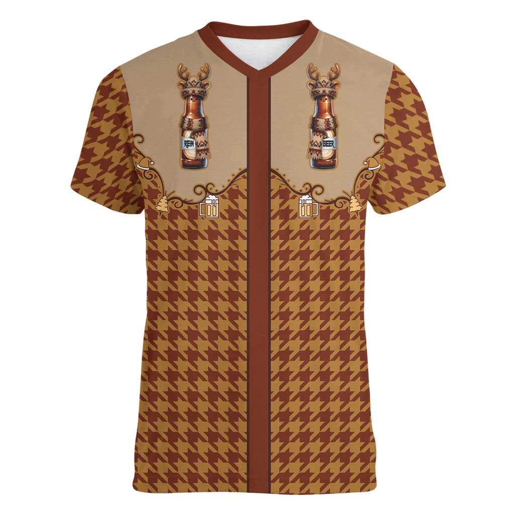 Western Yoke Women V-Neck T-Shirt Rein Beer Christmas Houndstooth Patterns - Wonder Print Shop