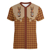 Western Yoke Women V-Neck T-Shirt Rein Beer Christmas Houndstooth Patterns - Wonder Print Shop