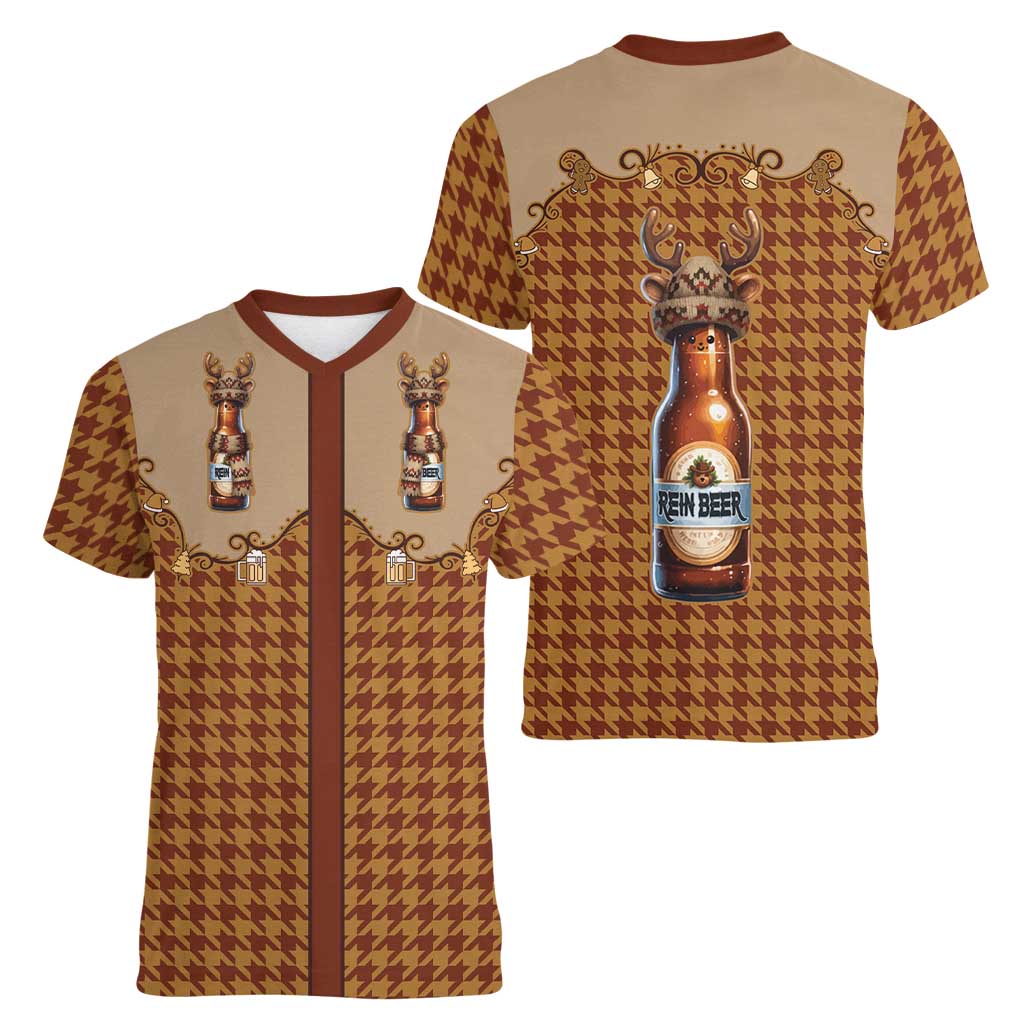 Western Yoke Women V-Neck T-Shirt Rein Beer Christmas Houndstooth Patterns - Wonder Print Shop