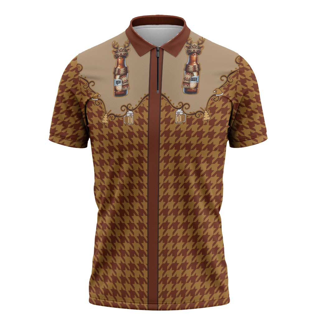 Western Yoke Zipper Polo Shirt Rein Beer Christmas Houndstooth Patterns - Wonder Print Shop