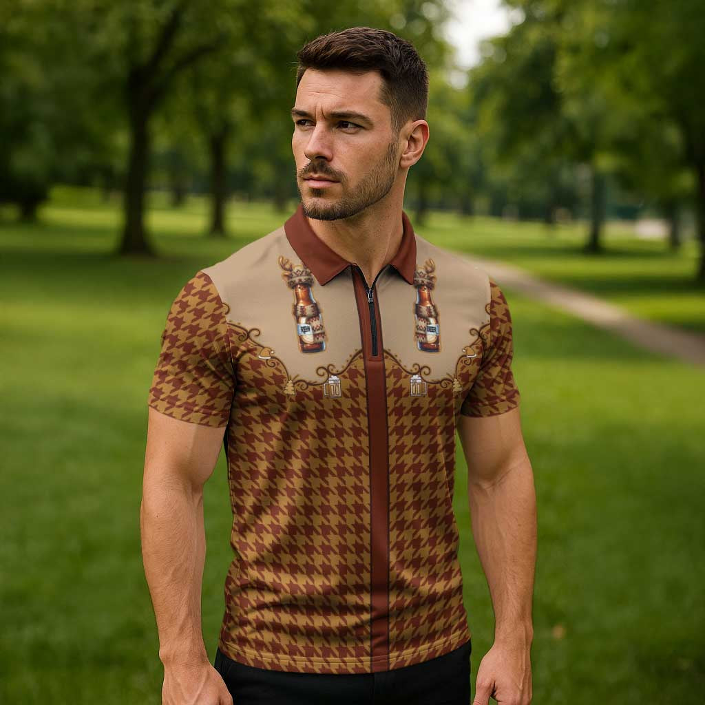 Western Yoke Zipper Polo Shirt Rein Beer Christmas Houndstooth Patterns - Wonder Print Shop