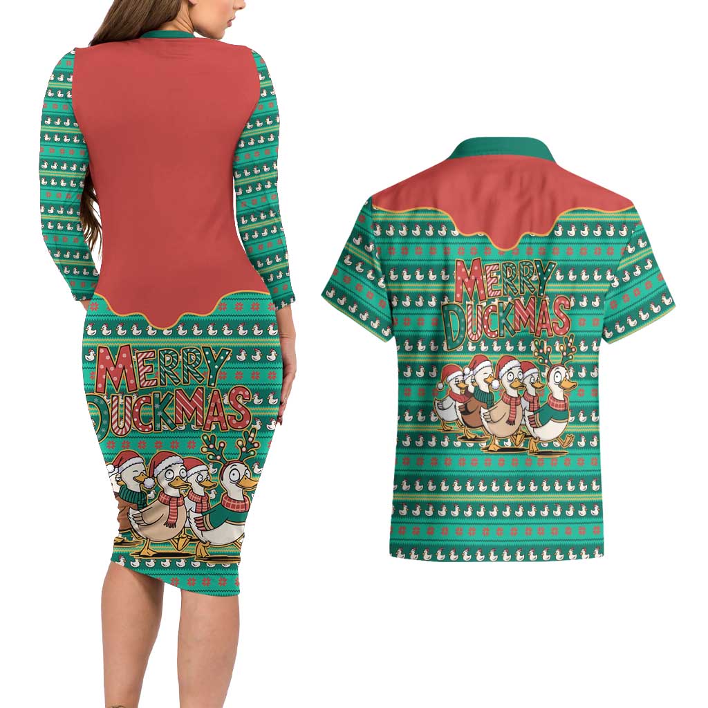 Western Yoke Couples Matching Long Sleeve Bodycon Dress and Hawaiian Shirt Merry Duckmas Funny Style - Wonder Print Shop