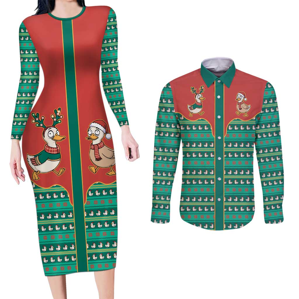 Western Yoke Couples Matching Long Sleeve Bodycon Dress and Long Sleeve Button Shirt Merry Duckmas Funny Style - Wonder Print Shop