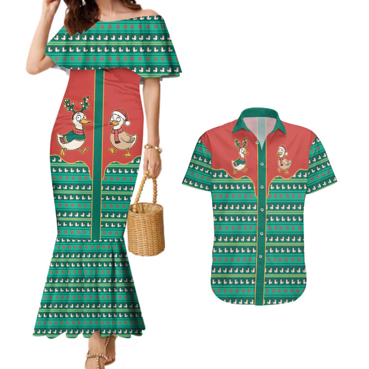 Western Yoke Couples Matching Mermaid Dress and Hawaiian Shirt Merry Duckmas Funny Style - Wonder Print Shop