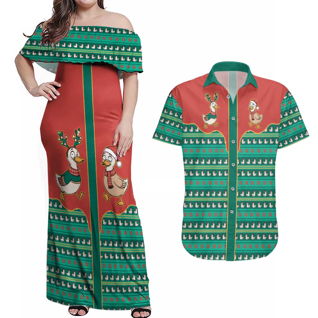 Western Yoke Couples Matching Off Shoulder Maxi Dress and Hawaiian Shirt Merry Duckmas Funny Style - Wonder Print Shop