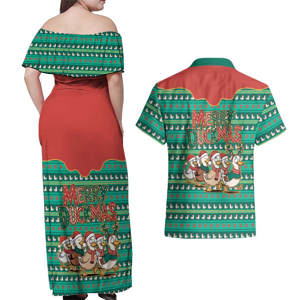 Western Yoke Couples Matching Off Shoulder Maxi Dress and Hawaiian Shirt Merry Duckmas Funny Style - Wonder Print Shop