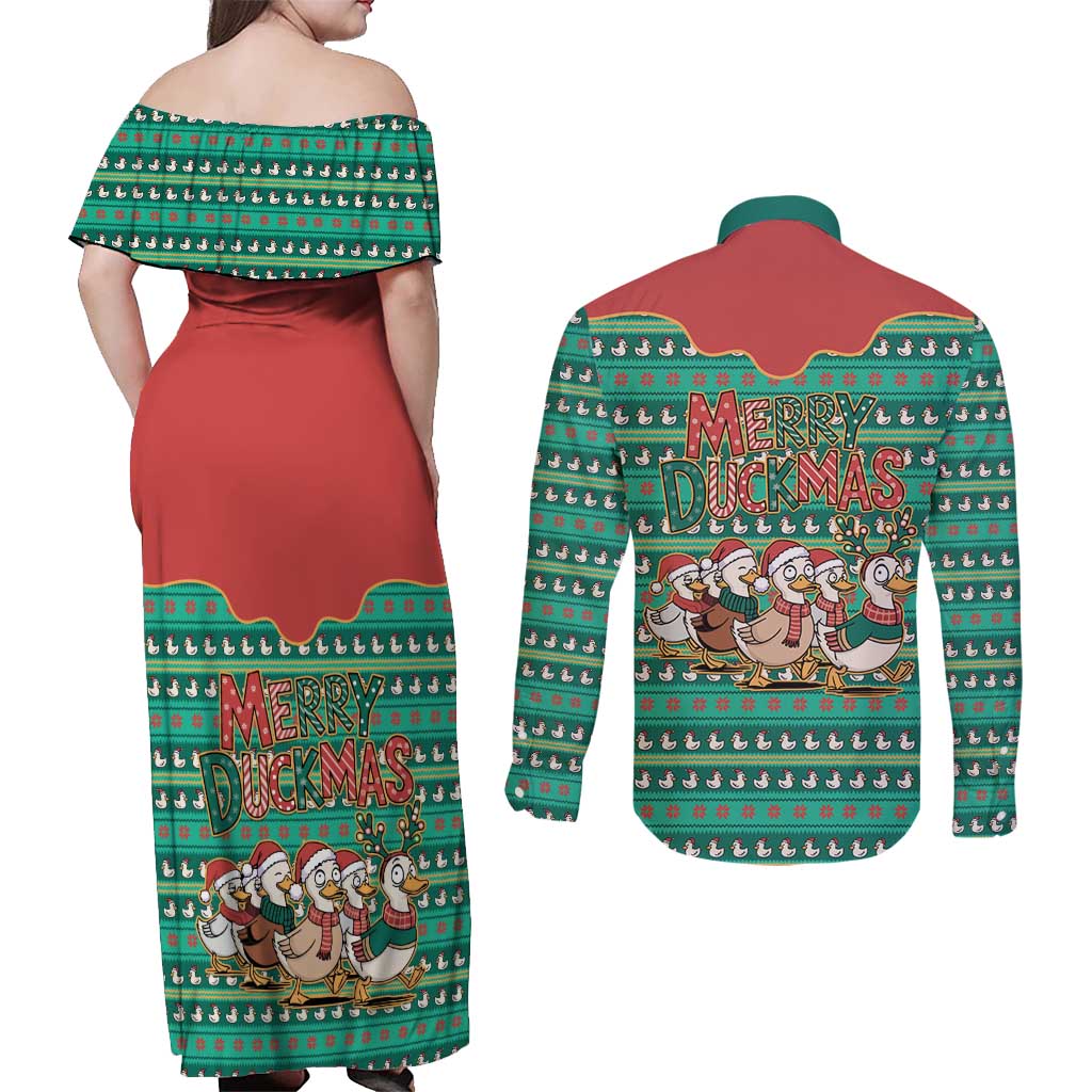 Western Yoke Couples Matching Off Shoulder Maxi Dress and Long Sleeve Button Shirt Merry Duckmas Funny Style - Wonder Print Shop
