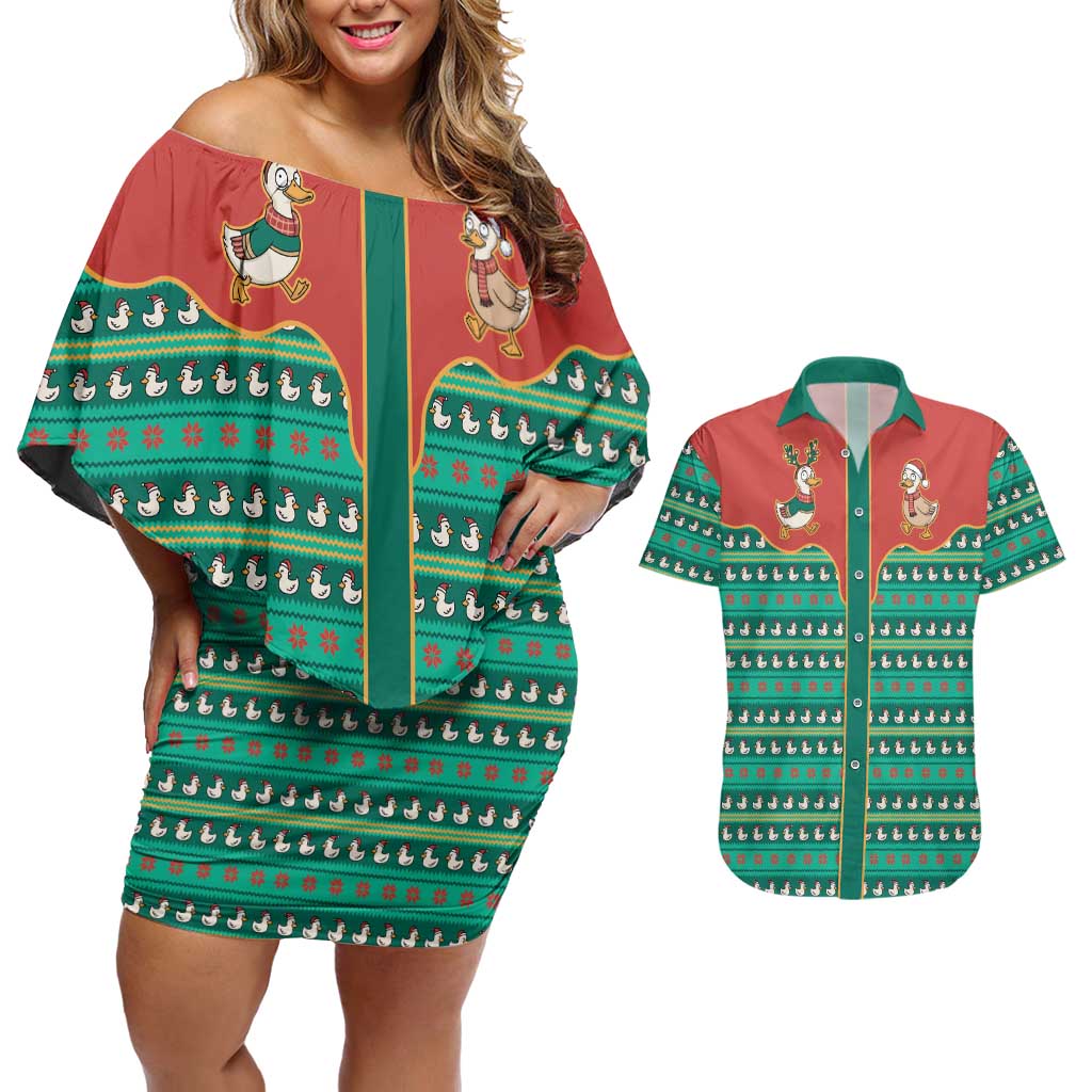 Western Yoke Couples Matching Off Shoulder Short Dress and Hawaiian Shirt Merry Duckmas Funny Style - Wonder Print Shop