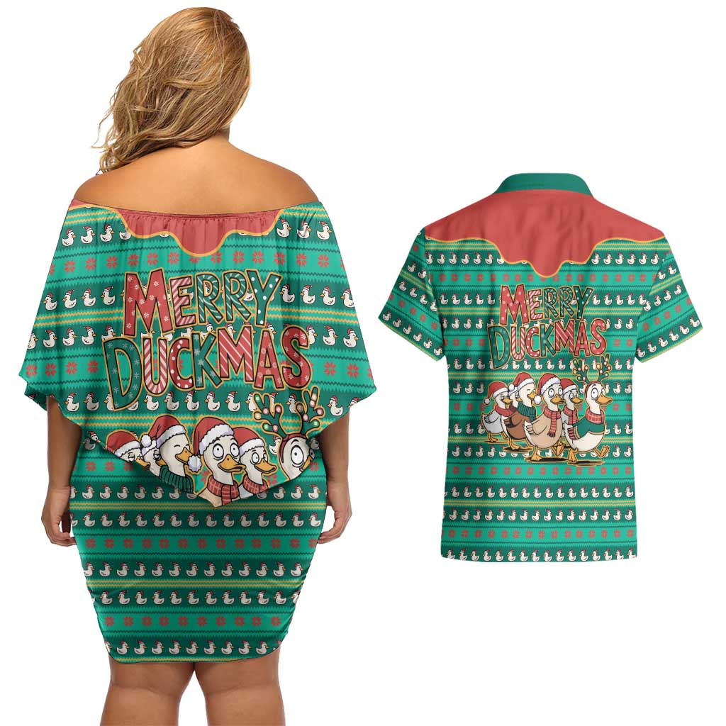 Western Yoke Couples Matching Off Shoulder Short Dress and Hawaiian Shirt Merry Duckmas Funny Style - Wonder Print Shop