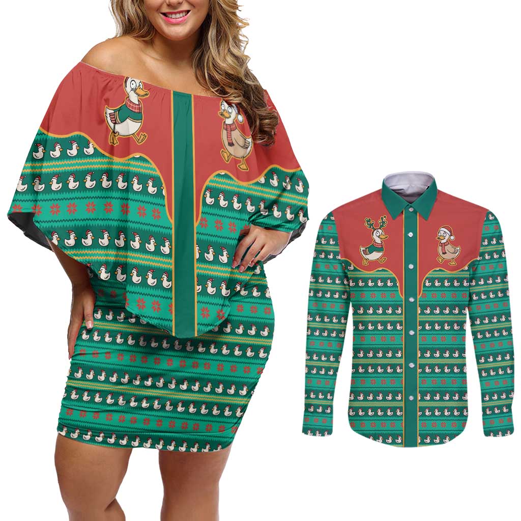 Western Yoke Couples Matching Off Shoulder Short Dress and Long Sleeve Button Shirt Merry Duckmas Funny Style - Wonder Print Shop