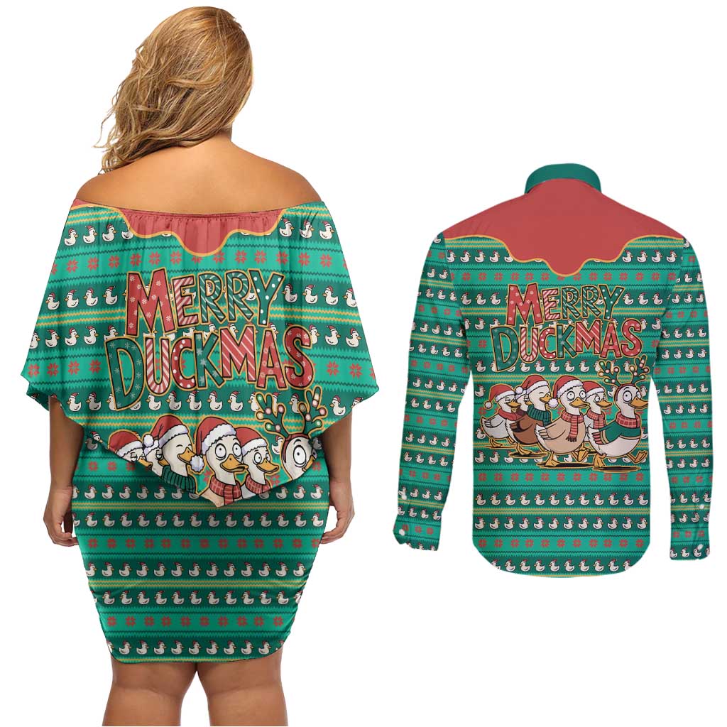 Western Yoke Couples Matching Off Shoulder Short Dress and Long Sleeve Button Shirt Merry Duckmas Funny Style - Wonder Print Shop