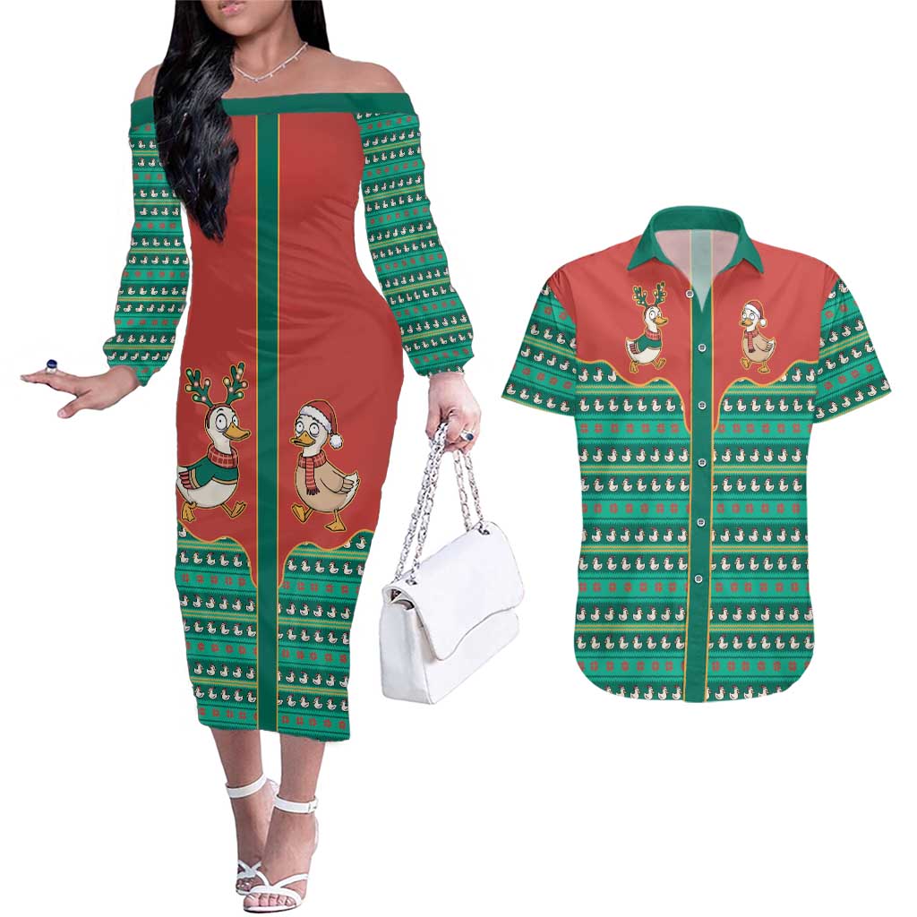 Western Yoke Couples Matching Off The Shoulder Long Sleeve Dress and Hawaiian Shirt Merry Duckmas Funny Style - Wonder Print Shop