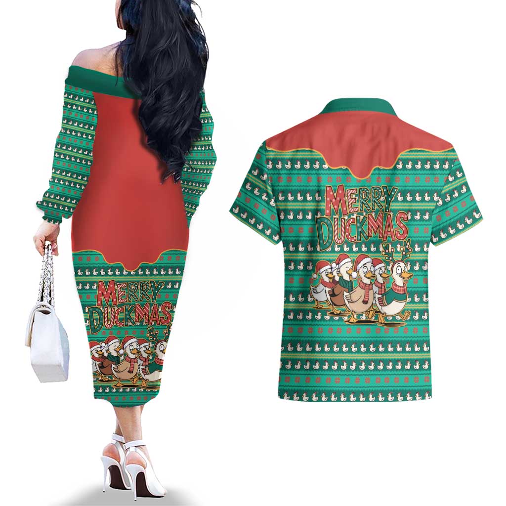 Western Yoke Couples Matching Off The Shoulder Long Sleeve Dress and Hawaiian Shirt Merry Duckmas Funny Style - Wonder Print Shop
