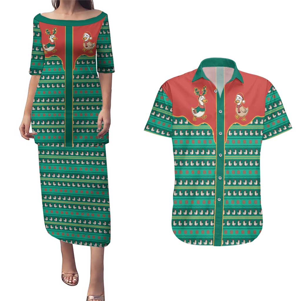 Western Yoke Couples Matching Puletasi and Hawaiian Shirt Merry Duckmas Funny Style - Wonder Print Shop