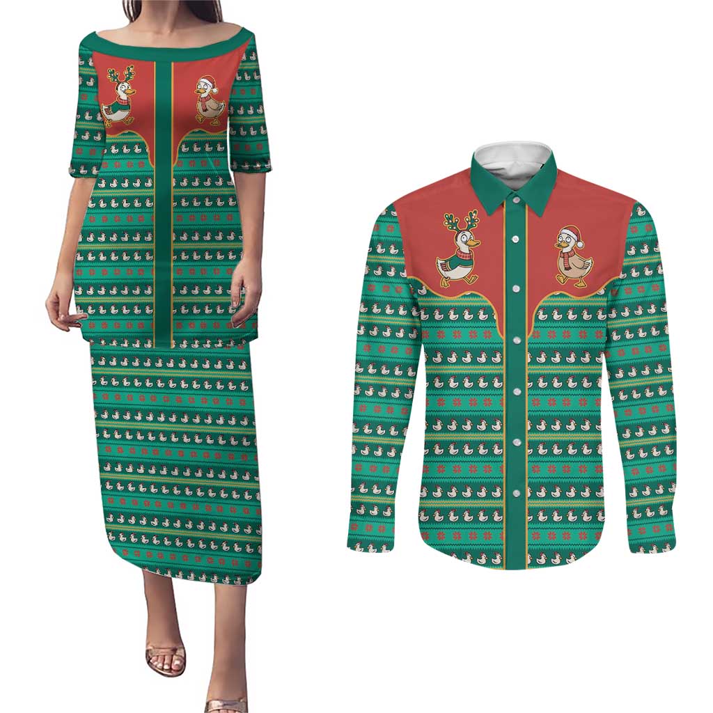 Western Yoke Couples Matching Puletasi and Long Sleeve Button Shirt Merry Duckmas Funny Style - Wonder Print Shop