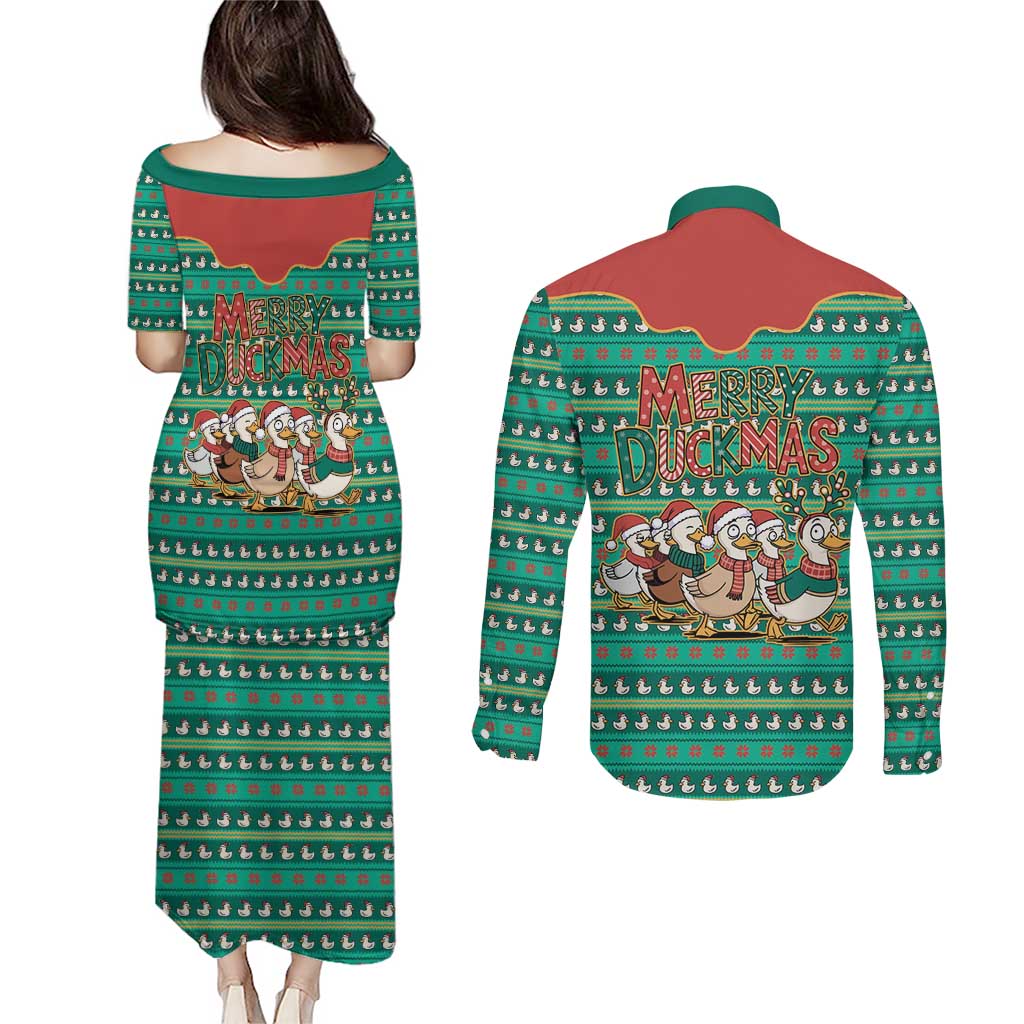 Western Yoke Couples Matching Puletasi and Long Sleeve Button Shirt Merry Duckmas Funny Style - Wonder Print Shop