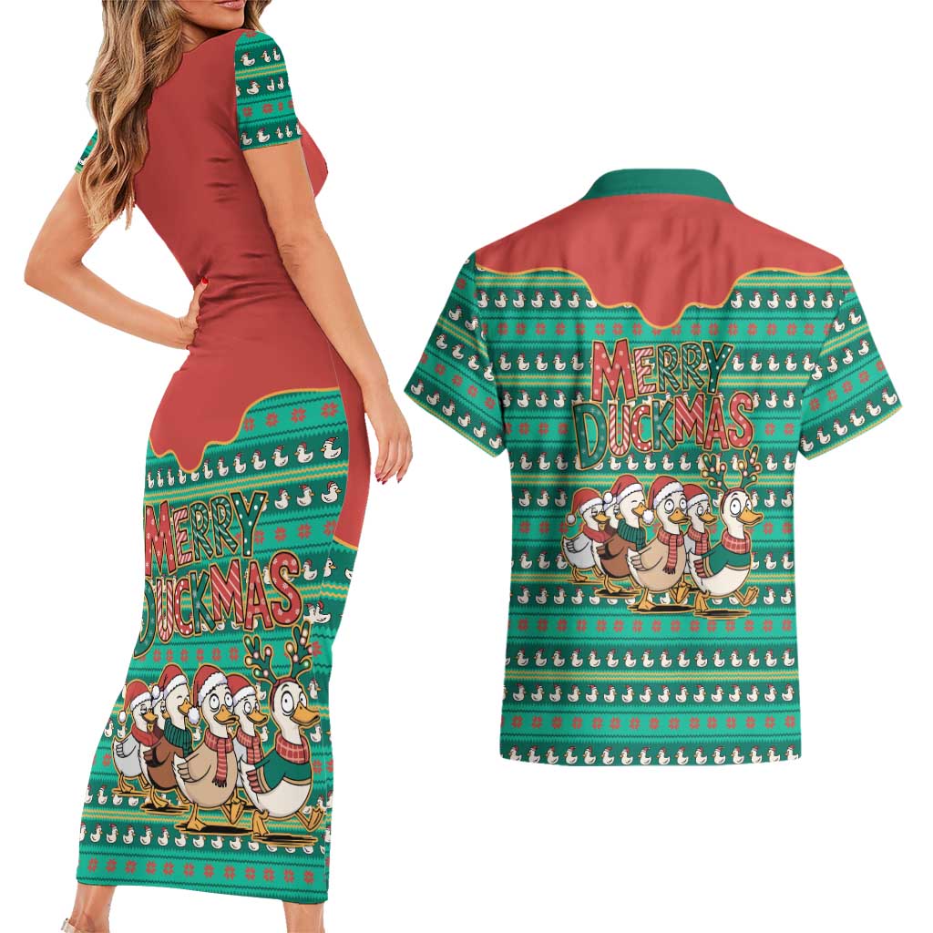 Western Yoke Couples Matching Short Sleeve Bodycon Dress and Hawaiian Shirt Merry Duckmas Funny Style - Wonder Print Shop
