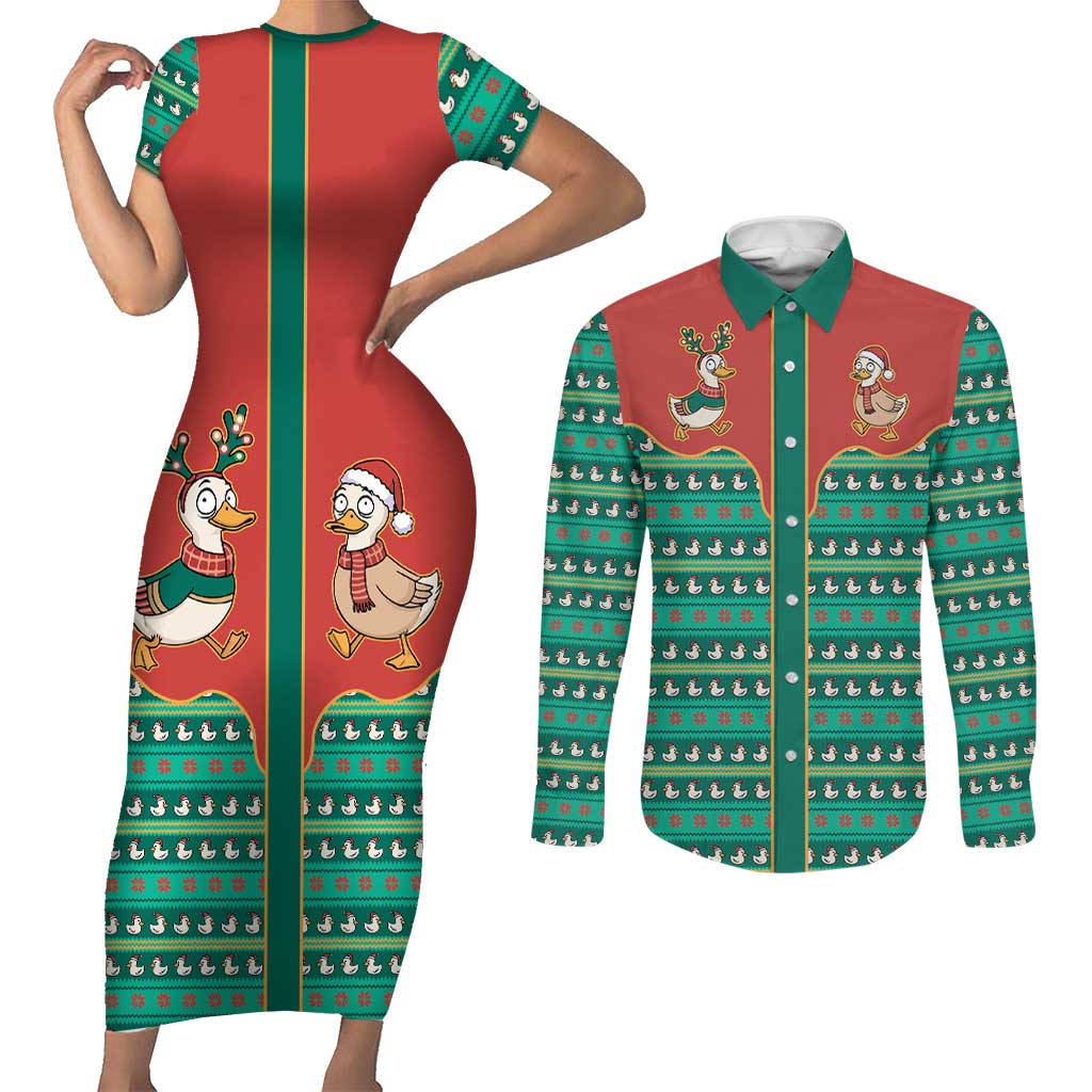 Western Yoke Couples Matching Short Sleeve Bodycon Dress and Long Sleeve Button Shirt Merry Duckmas Funny Style - Wonder Print Shop