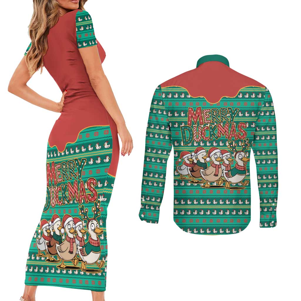 Western Yoke Couples Matching Short Sleeve Bodycon Dress and Long Sleeve Button Shirt Merry Duckmas Funny Style - Wonder Print Shop