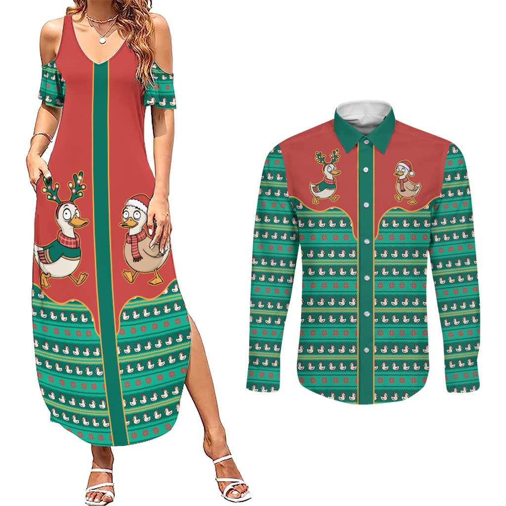 Western Yoke Couples Matching Summer Maxi Dress and Long Sleeve Button Shirt Merry Duckmas Funny Style - Wonder Print Shop
