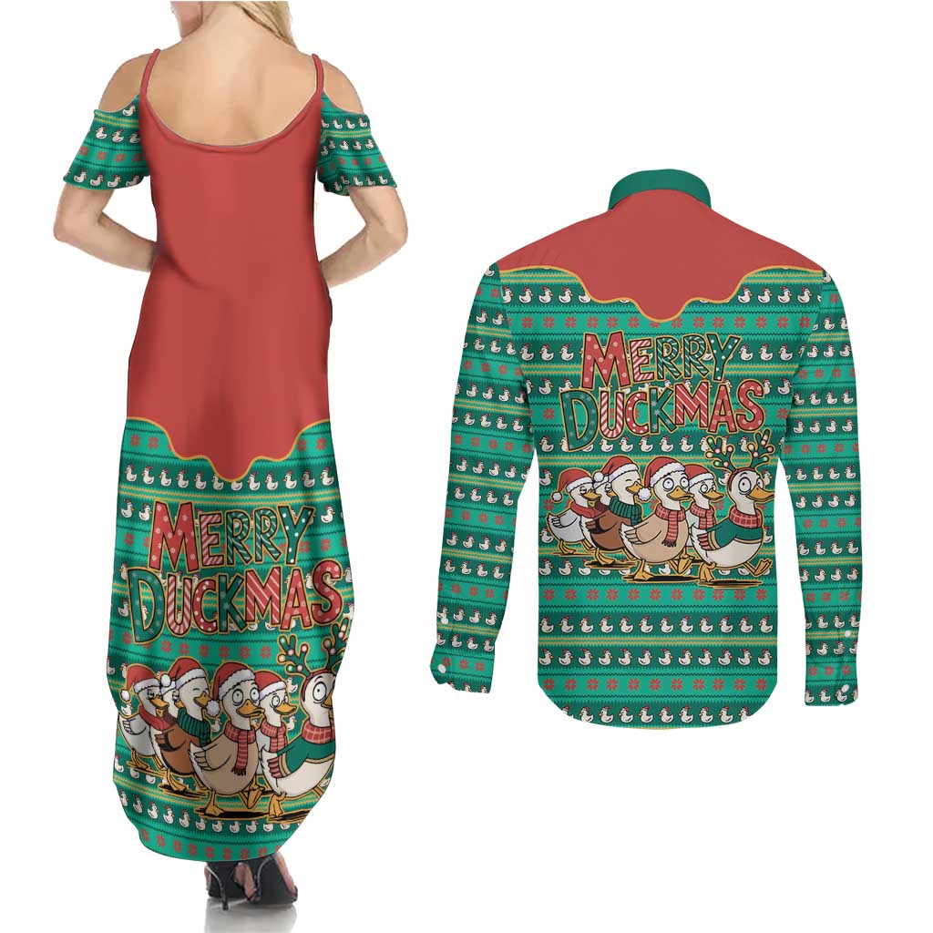 Western Yoke Couples Matching Summer Maxi Dress and Long Sleeve Button Shirt Merry Duckmas Funny Style - Wonder Print Shop