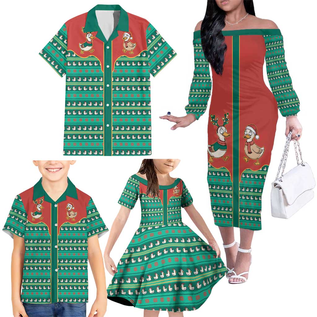 Western Yoke Family Matching Off The Shoulder Long Sleeve Dress and Hawaiian Shirt Merry Duckmas Funny Style - Wonder Print Shop