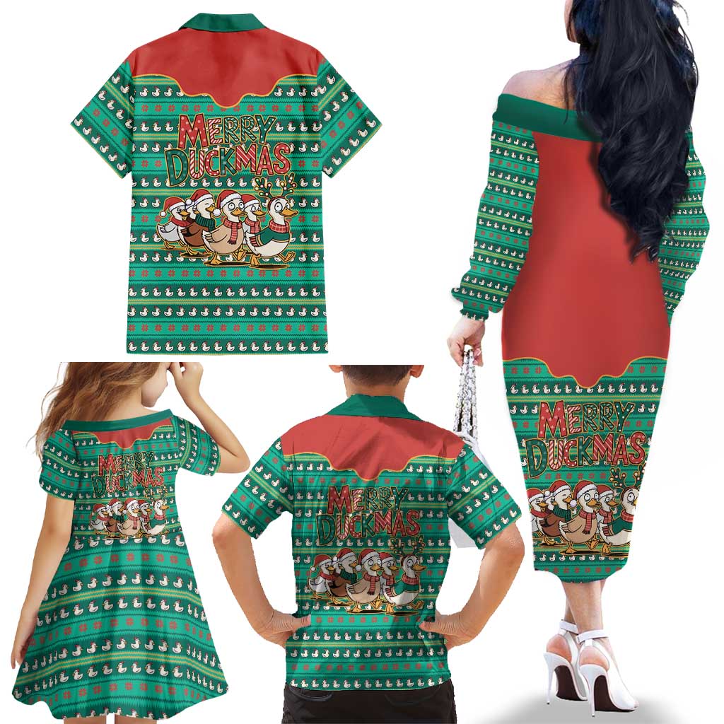 Western Yoke Family Matching Off The Shoulder Long Sleeve Dress and Hawaiian Shirt Merry Duckmas Funny Style - Wonder Print Shop