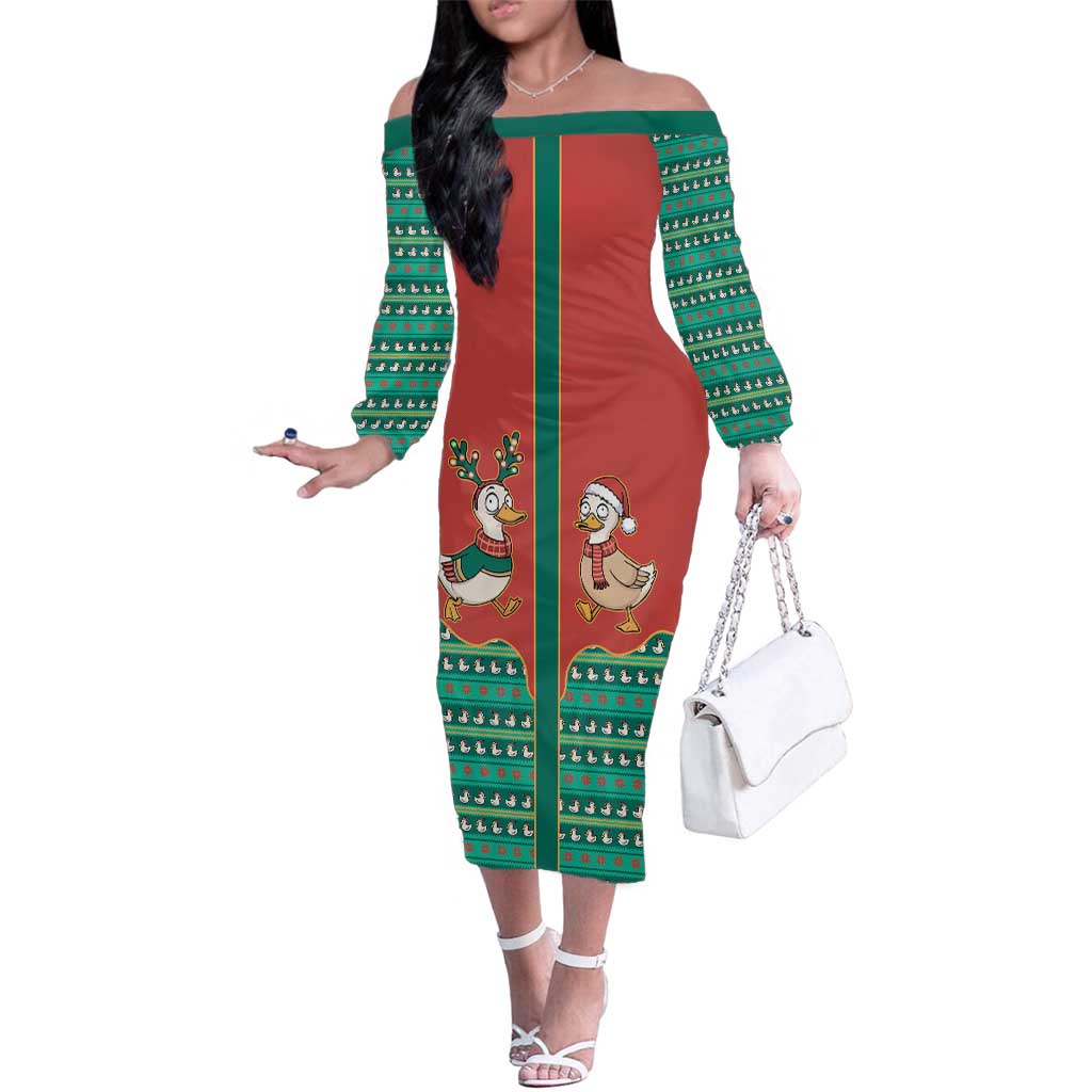 Western Yoke Family Matching Off The Shoulder Long Sleeve Dress and Hawaiian Shirt Merry Duckmas Funny Style - Wonder Print Shop
