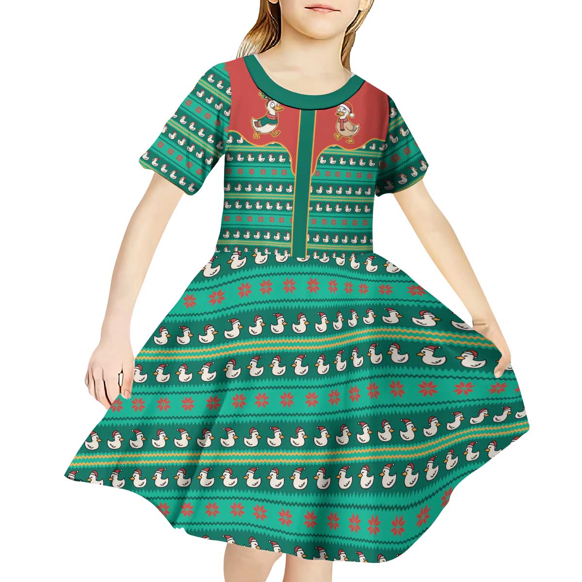 Western Yoke Kid Short Sleeve Dress Merry Duckmas Funny Style - Wonder Print Shop