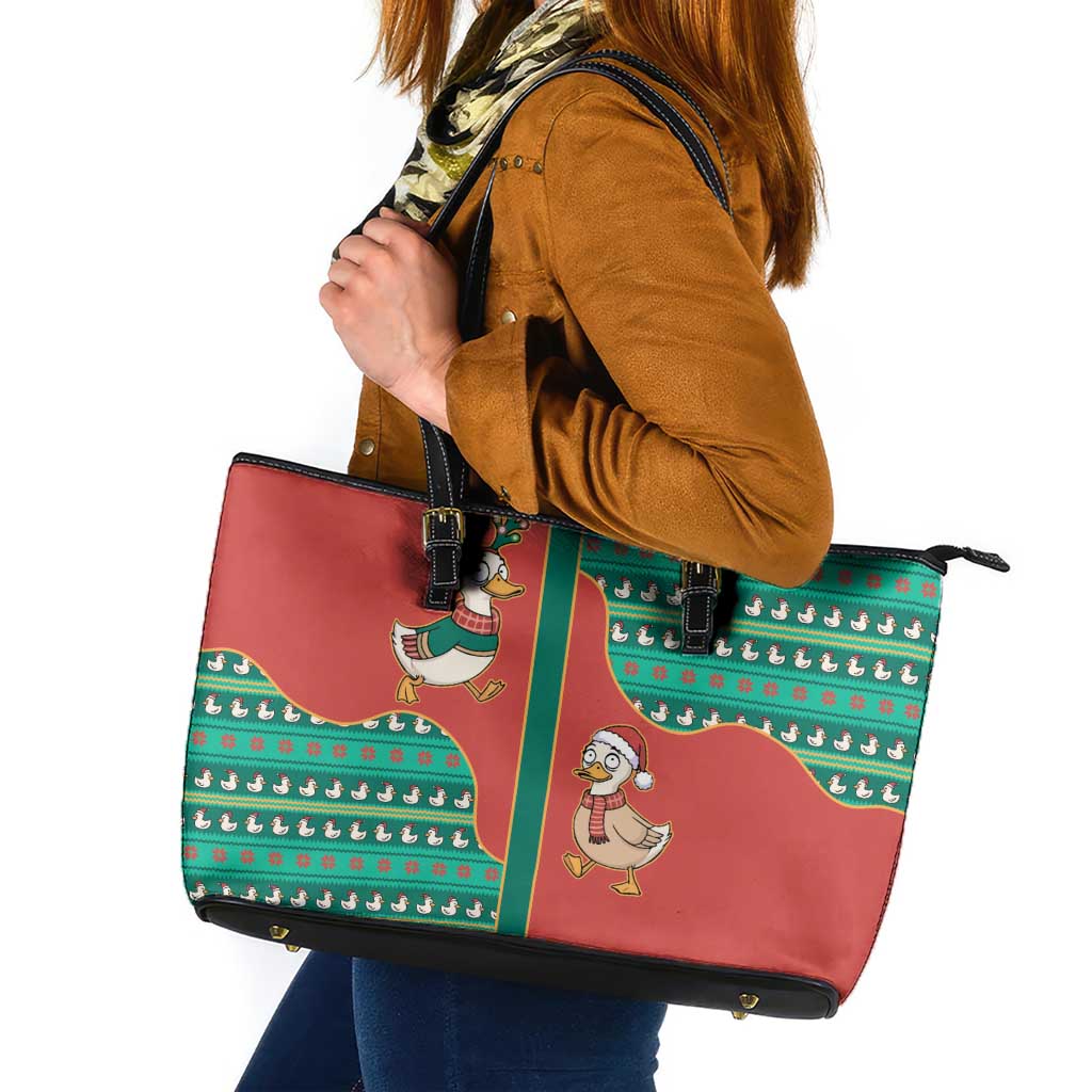 Western Yoke Leather Tote Bag Merry Duckmas Funny Style - Wonder Print Shop