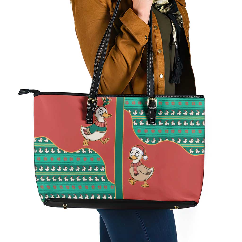 Western Yoke Leather Tote Bag Merry Duckmas Funny Style - Wonder Print Shop