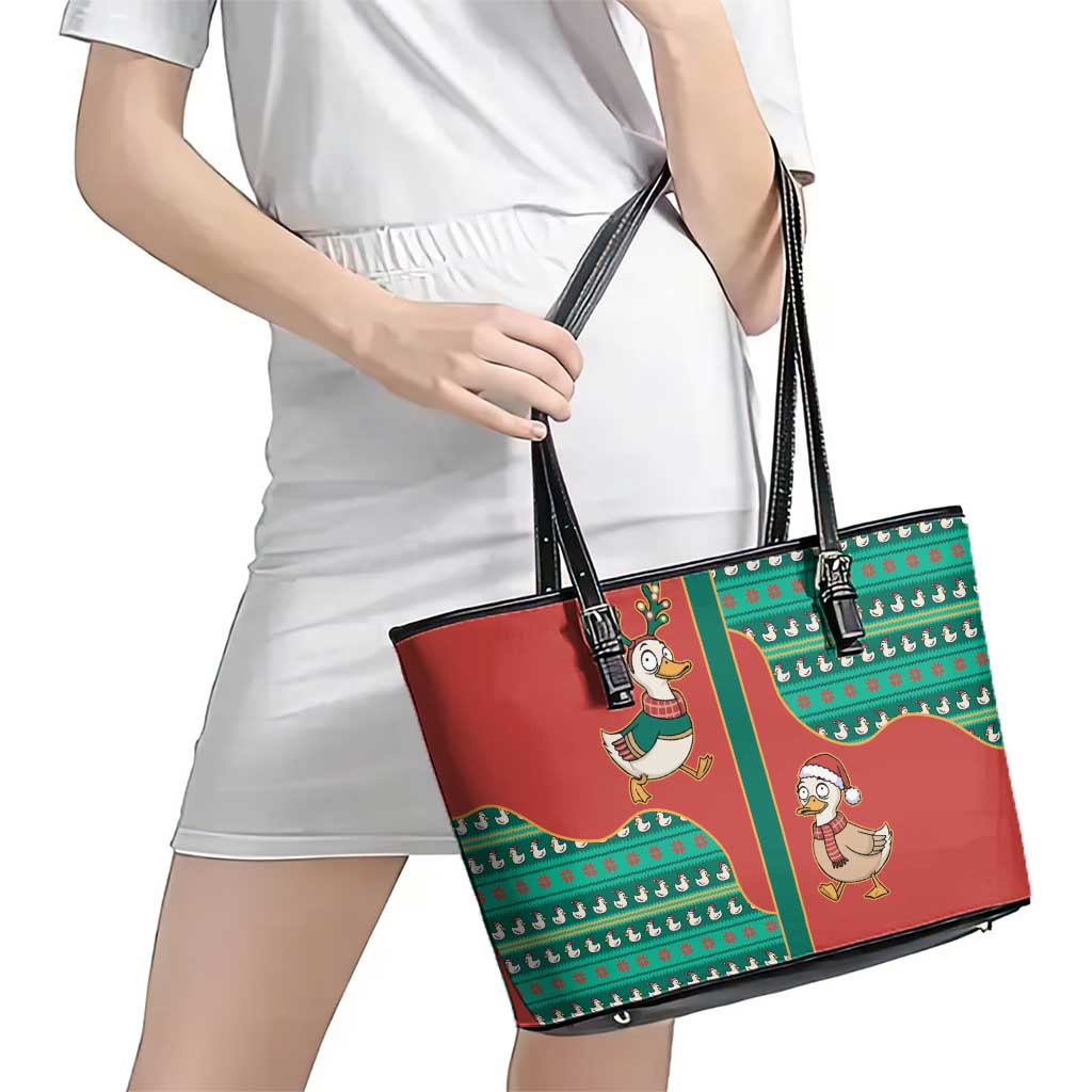 Western Yoke Leather Tote Bag Merry Duckmas Funny Style - Wonder Print Shop