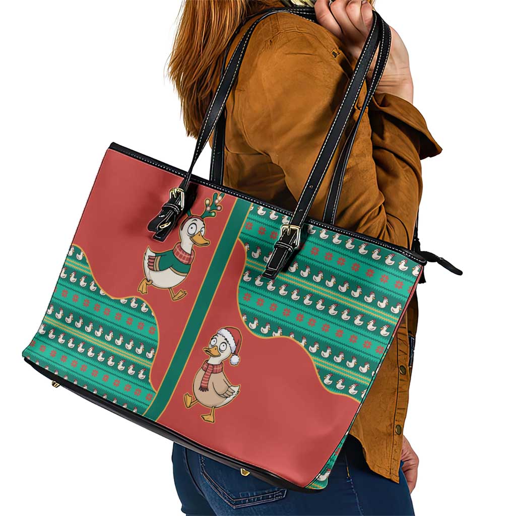 Western Yoke Leather Tote Bag Merry Duckmas Funny Style - Wonder Print Shop