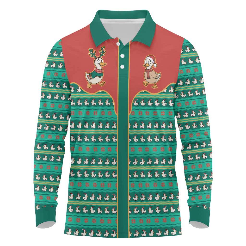 Western Yoke Long Sleeve Polo Shirt Merry Duckmas Funny Style - Wonder Print Shop
