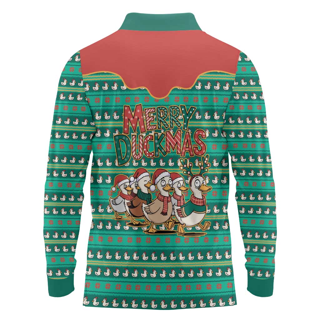 Western Yoke Long Sleeve Polo Shirt Merry Duckmas Funny Style - Wonder Print Shop