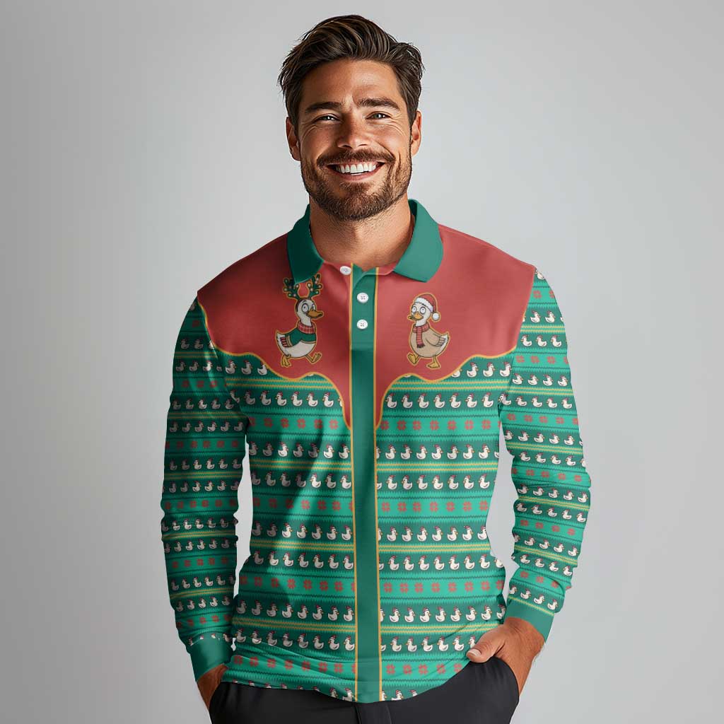 Western Yoke Long Sleeve Polo Shirt Merry Duckmas Funny Style - Wonder Print Shop